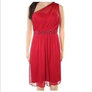 Adrianna Papell One Shoulder Cocktail Dress Womens Size 16 Cherry Red Rhinestone